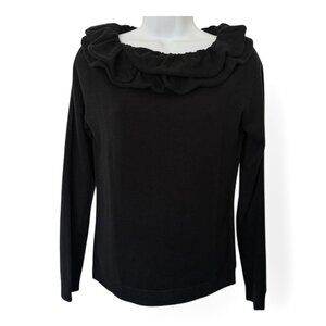New York & Company BLACK SWEATER Top with RUFFLE at Neck Knit Soft Elegant